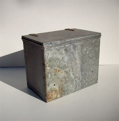 vintage metal box with hinged lid|metal box with lid 12x12x14.